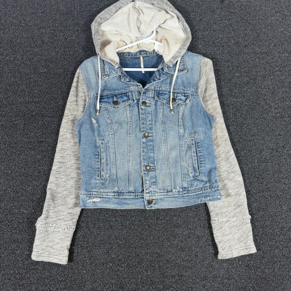 Free People Denim Jacket Mixed Media Knit Sleeve Hooded Blue Grey Women's Small